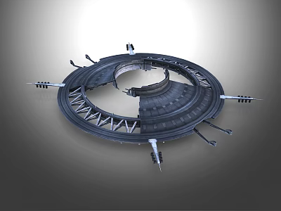 Futuristic Metallic Circular Structure Featuring Hollow Center And Mechanical Support Arms 3d model