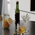 Decorative Ornaments Set with Glass Jar Wooden Lid Green Bottle and Martini Glass for Tabletop