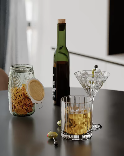 Decorative Ornaments Set with Glass Jar Wooden Lid Green Bottle and Martini Glass for Tabletop 3d model