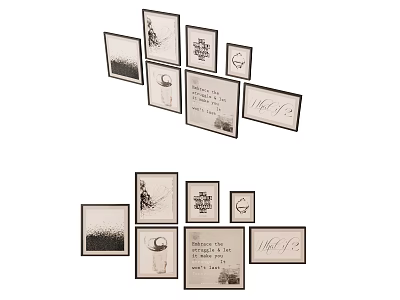 Creative Gallery Wall Design With Various Framed Artworks And Unique Patterns 3d model