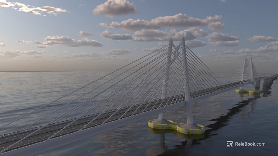 Modern Cable Stayed Bridge Design Over Calm Water With Sky Clouds 3d model 
