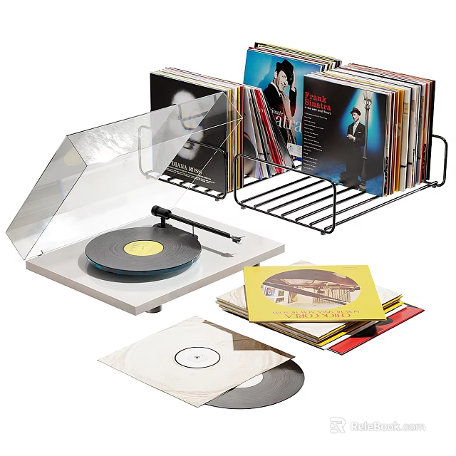 Decorative Ornament Set with Vinyl Record Player Record Storage Rack and Vinyl Records 3d model 