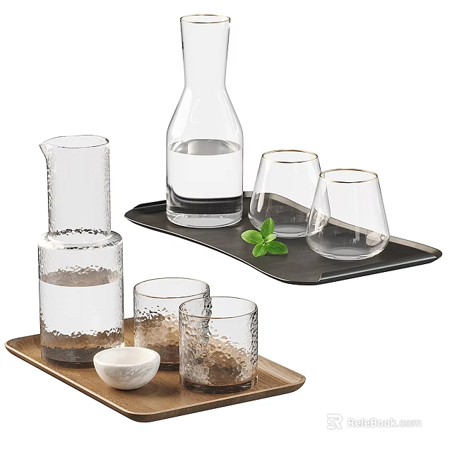 Textured Clear Glass Cups On Wooden Tray With Glass Carafe And Mint Leaf 3d model 