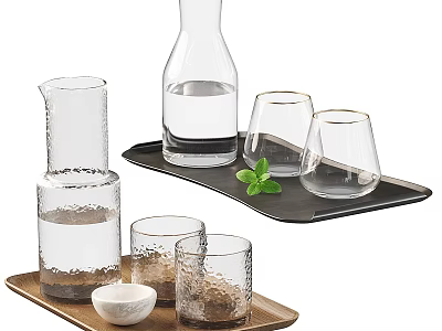Textured Clear Glass Cups On Wooden Tray With Glass Carafe And Mint Leaf 3d model