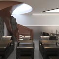 Hair Salon Interior With Marble Walls Black Leather Hair Chairs White Bowls And Storage Cabinets