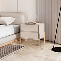 Modern Double Bed In Neutral Tones With Wooden Accent Wall Nightstands Pillows And Herringbone Floor