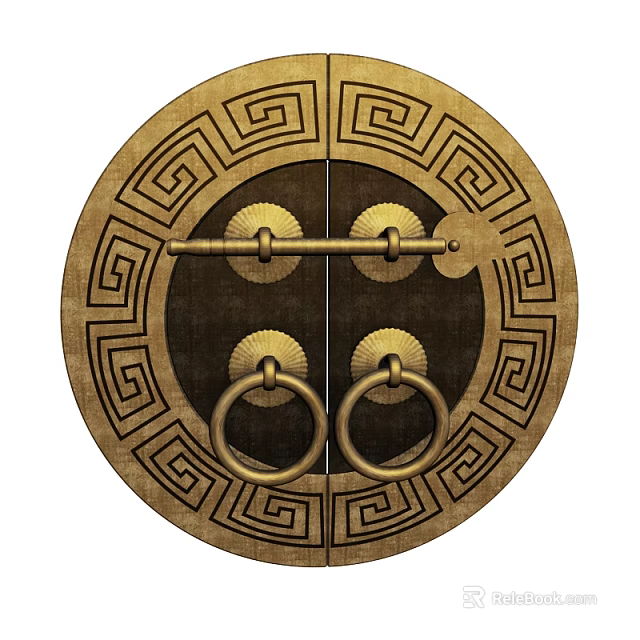 Traditional Chinese Brass Door Knocker Featuring Circular Rings And Intricate Geometric Patterns 3d model 