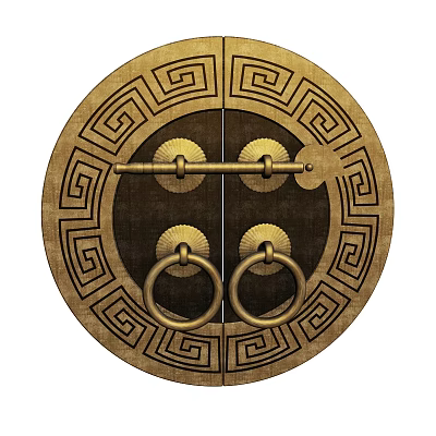 Traditional Chinese Brass Door Knocker Featuring Circular Rings And Intricate Geometric Patterns 3d model