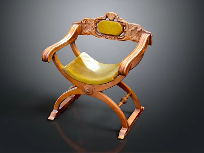 Vintage Wooden Leisure Chair With Carved Details And Yellow Padded Seat Backrest 3d model