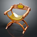 Vintage Wooden Leisure Chair With Carved Details And Yellow Padded Seat Backrest