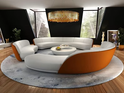 Modern Curved Orange And White Sofa Coffee Table Combination For Living Room Interior 3d model