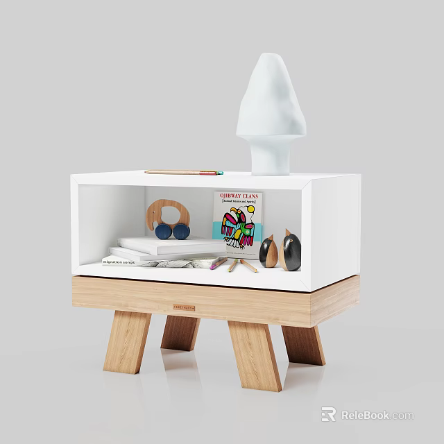 Modern White Bedside Table With Wooden Legs Featuring Decorative Tree Books Glasses And Colorful Pencils 3d model 
