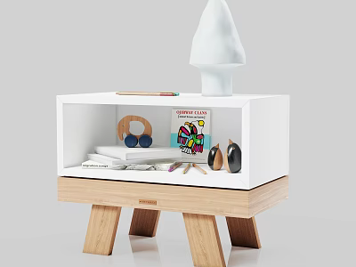 Modern White Bedside Table With Wooden Legs Featuring Decorative Tree Books Glasses And Colorful Pencils 3d model