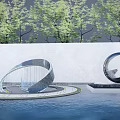 Modern Style Metal Circular Design Landscape Sculptures in Pool with Green Trees and Blue Sky