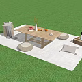 Outdoor Wooden Table and Chair Set on Green Grass with White Rug and Decorative Vase
