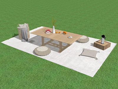 Outdoor Wooden Table and Chair Set on Green Grass with White Rug and Decorative Vase 3d model