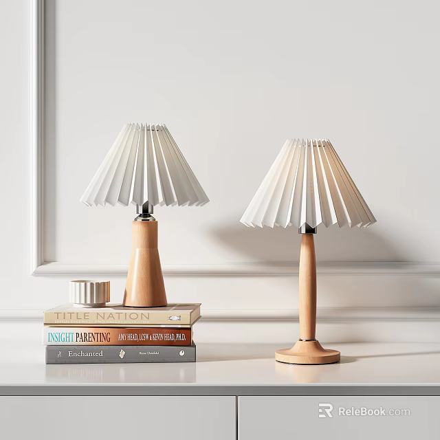 Modern Wooden Table Lamps with Pleated White Shades on Stacked Books for Home Decor 3d model 