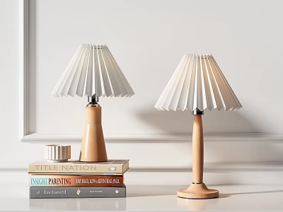Modern Wooden Table Lamps with Pleated White Shades on Stacked Books for Home Decor 3d model