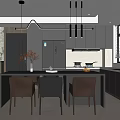 Modern Kitchen Interior With Dark Gray Cabinets Black Island Counter Brown Chairs And Hanging Lights