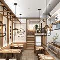 Japanese Ramen Restaurant Interior With Wooden Decor Staircase And Bar Counter