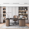 Modern Study Room Interior With Spacious Desk Leather Chair And Wall Bookshelves
