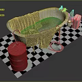 Bathroom Scene with White Bathtub Gray Curtain Red Bucket Green Hose Checkered Mat and Toiletries