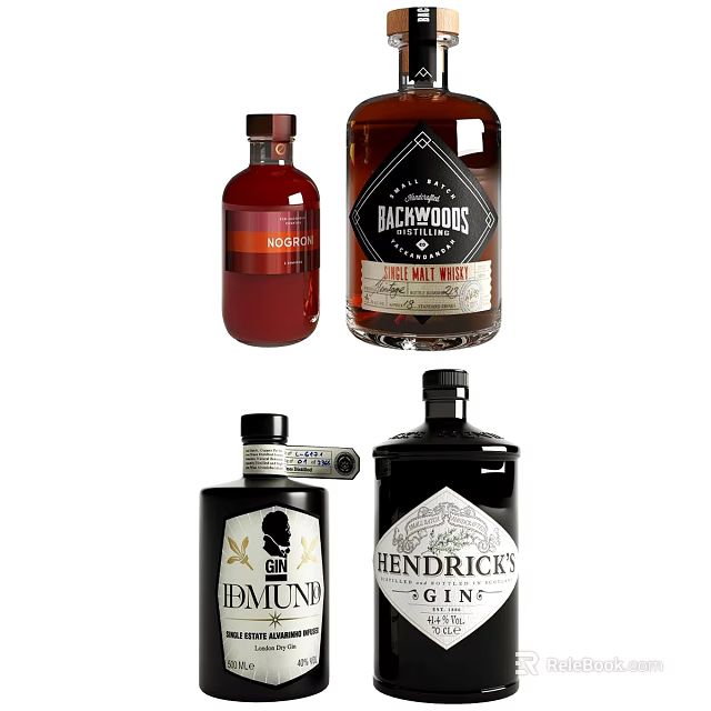 Assorted Premium Spirit Bottles And Wine Glasses Showcasing Various Alcohol Types And Unique Labels 3d model 