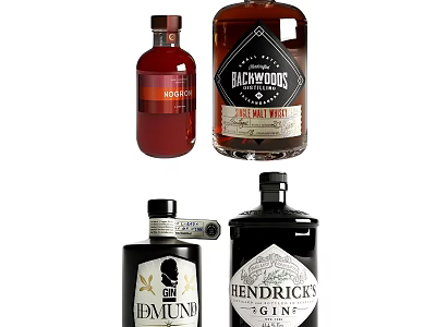 Assorted Premium Spirit Bottles And Wine Glasses Showcasing Various Alcohol Types And Unique Labels 3d model