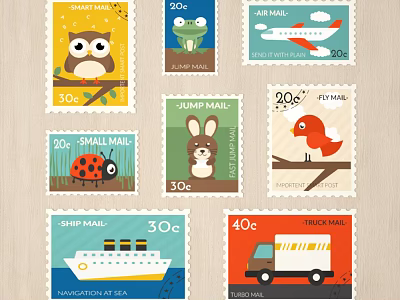 Colorful Stamps Collection With Animals Transportation Mail Types And Denominations 3d model