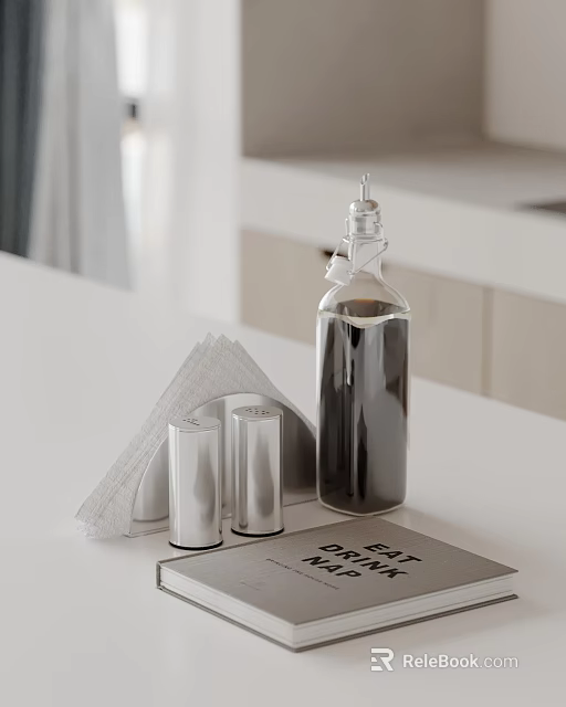 Modern Decorative Ornament Set With Transparent Oil Bottle Silver Jars Tissue Holder And White Tissues 3d model 