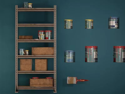 Industrial Storage Equipment Featuring Metal Shelf Paint Cans Wooden Boxes And Paintbrush 3d model