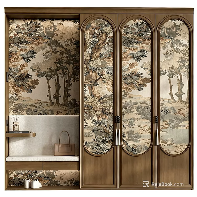 Classic Retro Wooden Entryway Cabinet Sideboard With Artistic Landscape Pattern Decor For Home Foyer Storage 3d model 