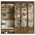 Classic Retro Wooden Entryway Cabinet Sideboard With Artistic Landscape Pattern Decor For Home Foyer Storage