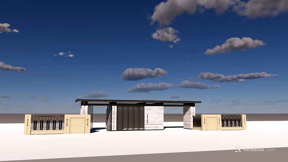 Modern Entrance Gate Design With Stone Columns Wooden Canopy And Blue Sky 3d model 