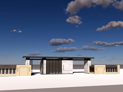 Modern Entrance Gate Design With Stone Columns Wooden Canopy And Blue Sky 3d model