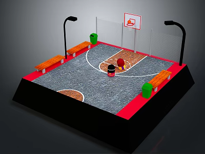 Mini Basketball Court Design With Hoop Benches Street Lamps And Trash Cans 3d model