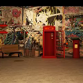 Urban Street Setting With Graffiti Covered Walls Red Telephone Booth And Bench