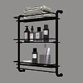 Bathroom Essentials On Wall Mounted Metal Shelf With Folded Towels Bath Products Toothbrush And Glass