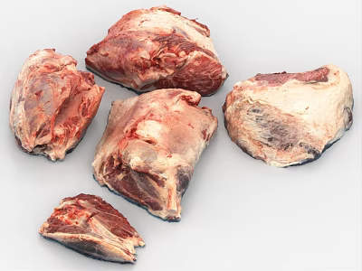 Fresh Raw Meat Chunks Displayed As Uncooked Food Pieces On White Background 3d model
