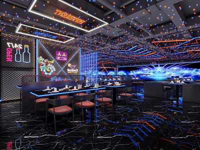 Modern Music Bar Interior With Neon Lights Bar Counter And Black Marble Floors 3d model