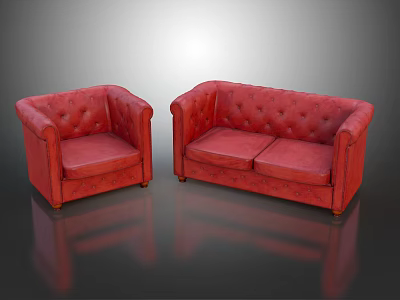 Red Tufted Leather Sofa Set With Single Armchair And Two Seater Design 3d model