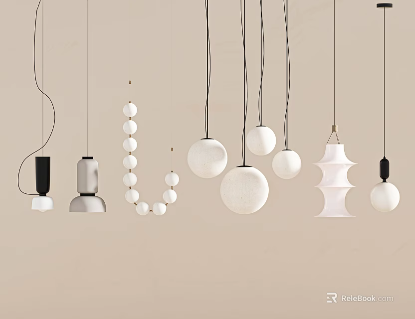 Modern Pendant Lights With Various Designs Including Spherical Beaded And Layered Shapes Against Neutral Background 3d model 