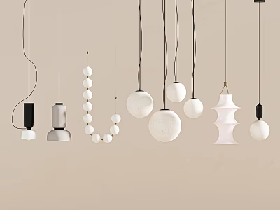 Modern Pendant Lights With Various Designs Including Spherical Beaded And Layered Shapes Against Neutral Background 3d model