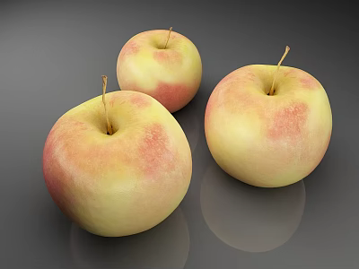 Three Fresh Yellow And Red Apples With Smooth Skin On Gray Smooth Surface 3d model