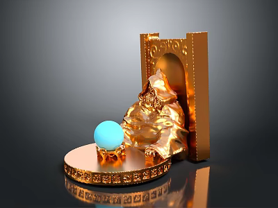 Golden Ornate Decorative Sculpture With Blue Crystal Ball And Carved Base 3d model