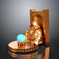 Golden Ornate Decorative Sculpture With Blue Crystal Ball And Carved Base