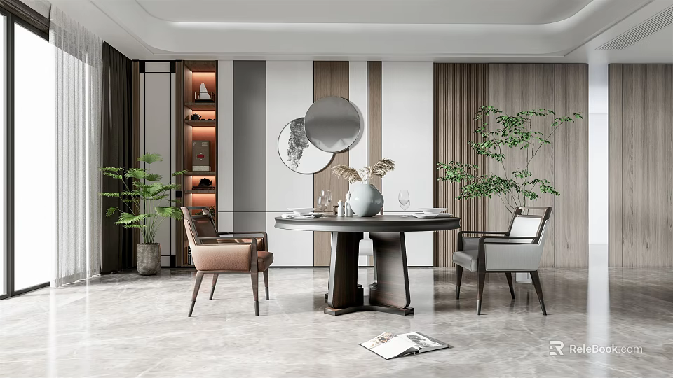 Modern Restaurant Interior With Round Dining Table Chairs Decorative Mirror Green Plants Vase And Wooden Walls 3d model 