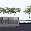 Modern Entrance Gate With Metal Fence Trees And Decorative Water Feature On Paved Ground