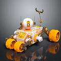 Orange And White Robot With Large Wheels Mechanical Arm And Tool Design 3d model
