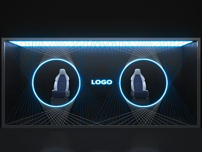 Display Panel Featuring Two White Seats Blue Backrests Light Rings Central LOGO And Geometric Lines 3d model